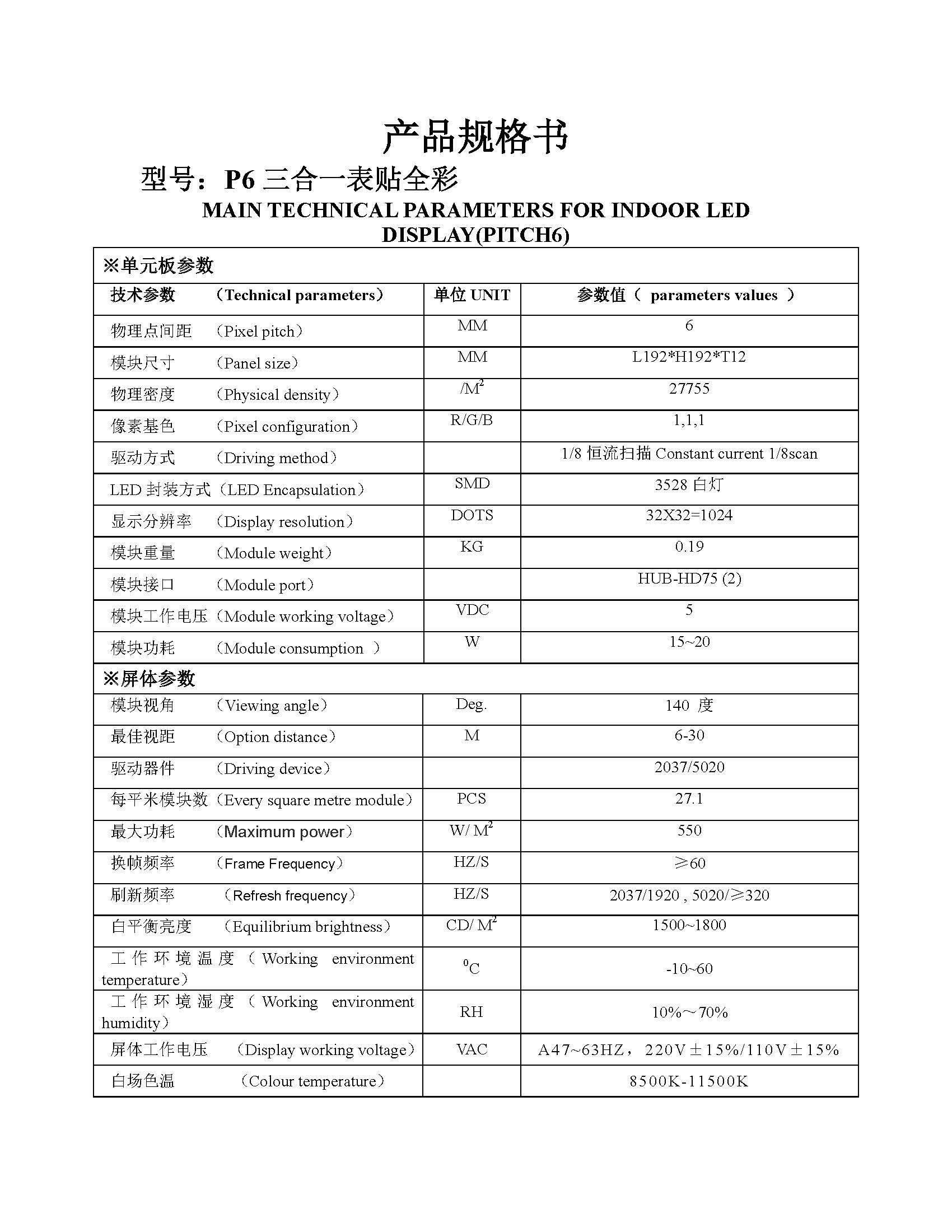 p6室内全彩192x192模组夫规格书